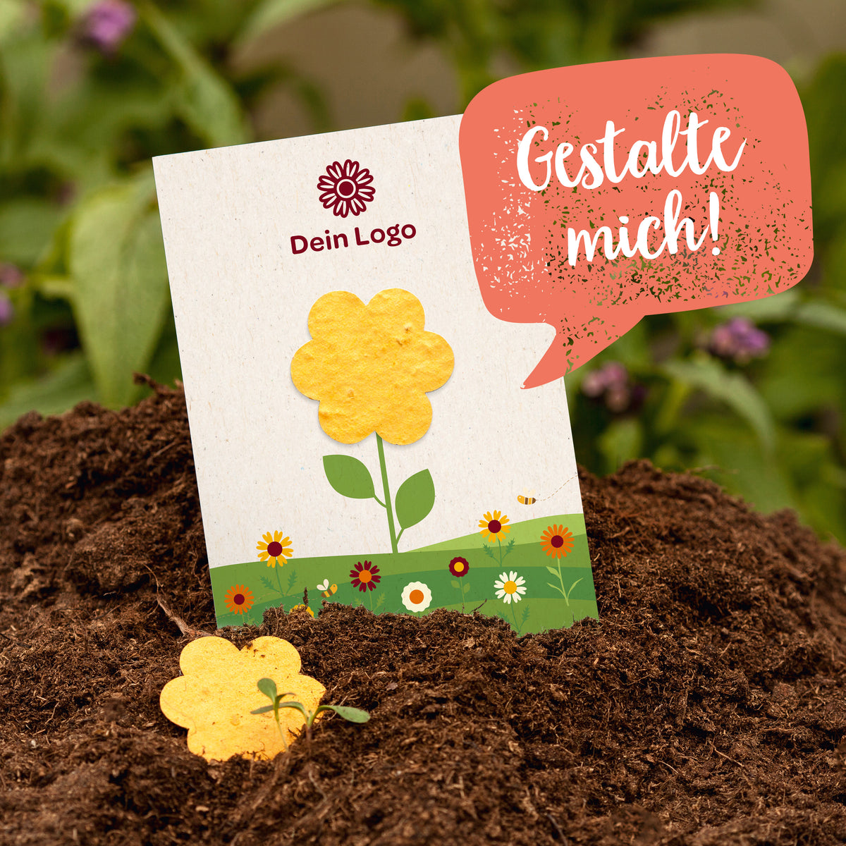 Carte avec fleur jaune dans un parterre de fleurs, bulle de dialogue avec « Design me! », espace pour logo.