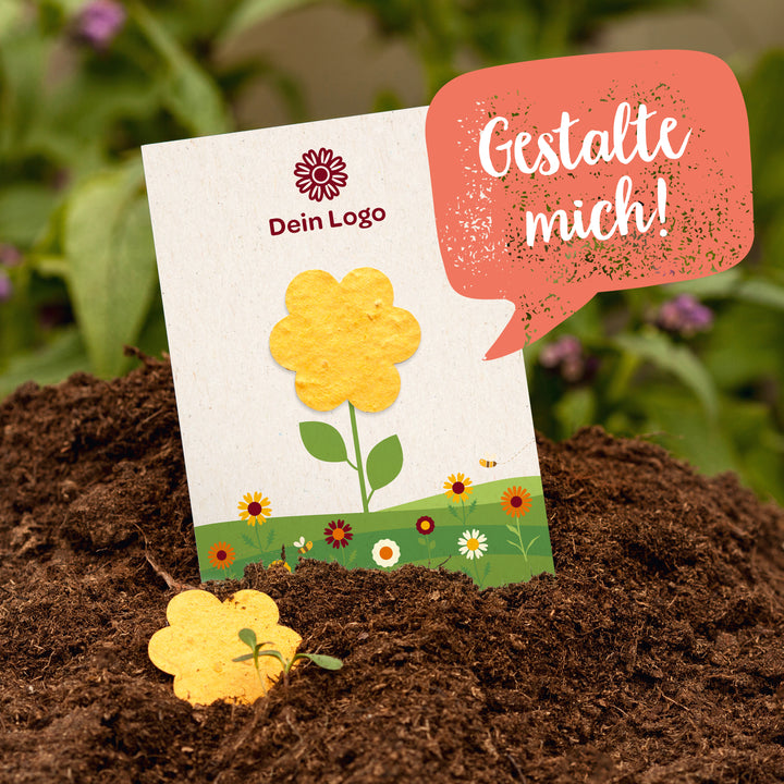 Carte avec fleur jaune dans un parterre de fleurs, bulle de dialogue avec « Design me! », espace pour logo.