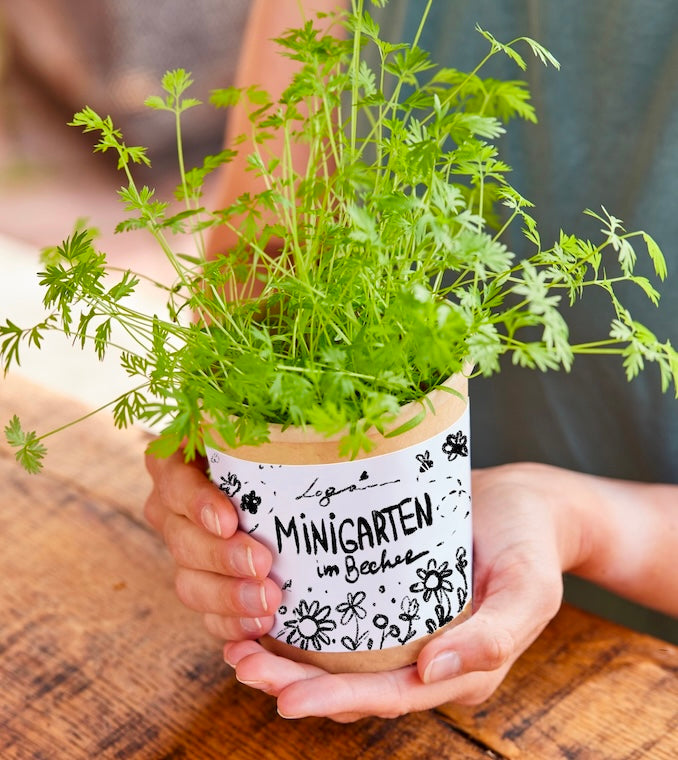 Une personne tient une petite tasse contenant des herbes vertes et une étiquette sur laquelle est écrit « Mini jardin dans une tasse ».