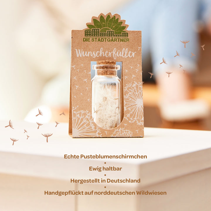 Bouteille à souhaits avec des parapluies de pissenlits dans une fiole en verre, entourée d'un emballage en papier imprimé avec l'inscription « The City Gardeners » et « Wish Fulfiller », posée sur une surface blanche avec un arrière-plan flou.