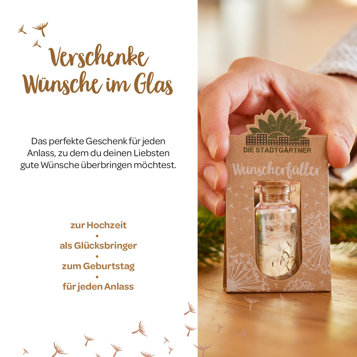 Personne tenant une petite carte-cadeau avec l'inscription « Wish Fulfiller » et une petite bouteille en verre, entourée de décorations saisonnières et de texte présentant des idées de cadeaux pour diverses occasions.