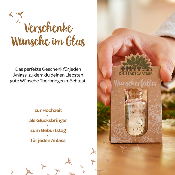 Personne tenant une petite carte-cadeau avec l'inscription « Wish Fulfiller » et une petite bouteille en verre, entourée de décorations saisonnières et de texte présentant des idées de cadeaux pour diverses occasions.