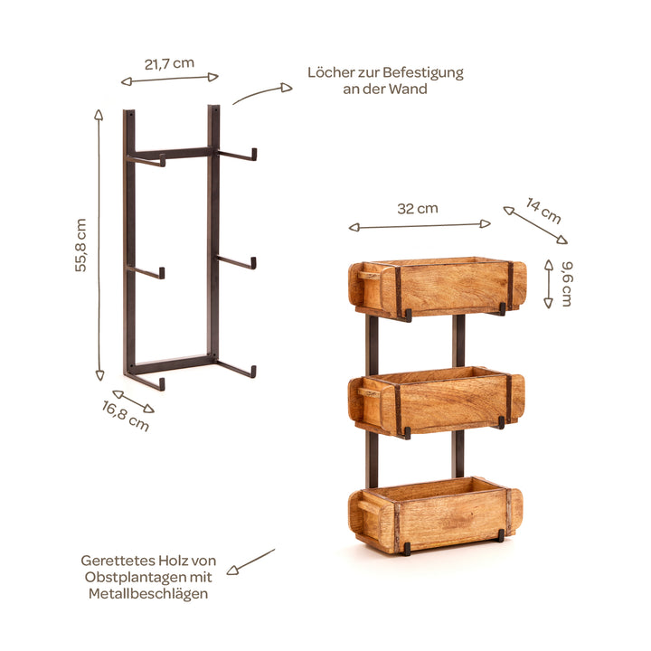 Étagère murale en métal et bois de récupération avec trois caisses en bois, dimensions et détails tels que le montage mural et le matériau étiquetés en allemand.