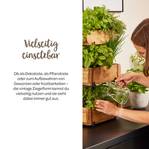 Une femme arrose des herbes dans des boîtes en bois empilées sur un comptoir de cuisine.