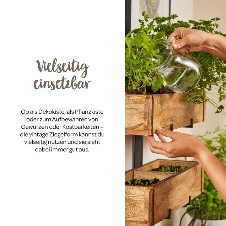 Une personne arrose des herbes aromatiques poussant dans une jardinière en bois accrochée au mur à l'aide d'un pichet en verre. À gauche, un texte propose des conseils sur l'utilisation de la jardinière de diverses manières.