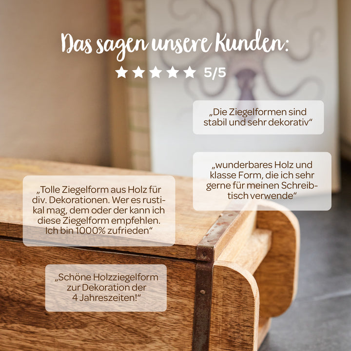 Moule à briques en bois avec des avis clients en allemand qui louent le produit comme décoratif, stable et polyvalent ; 5 étoiles sur 5 sont affichées.