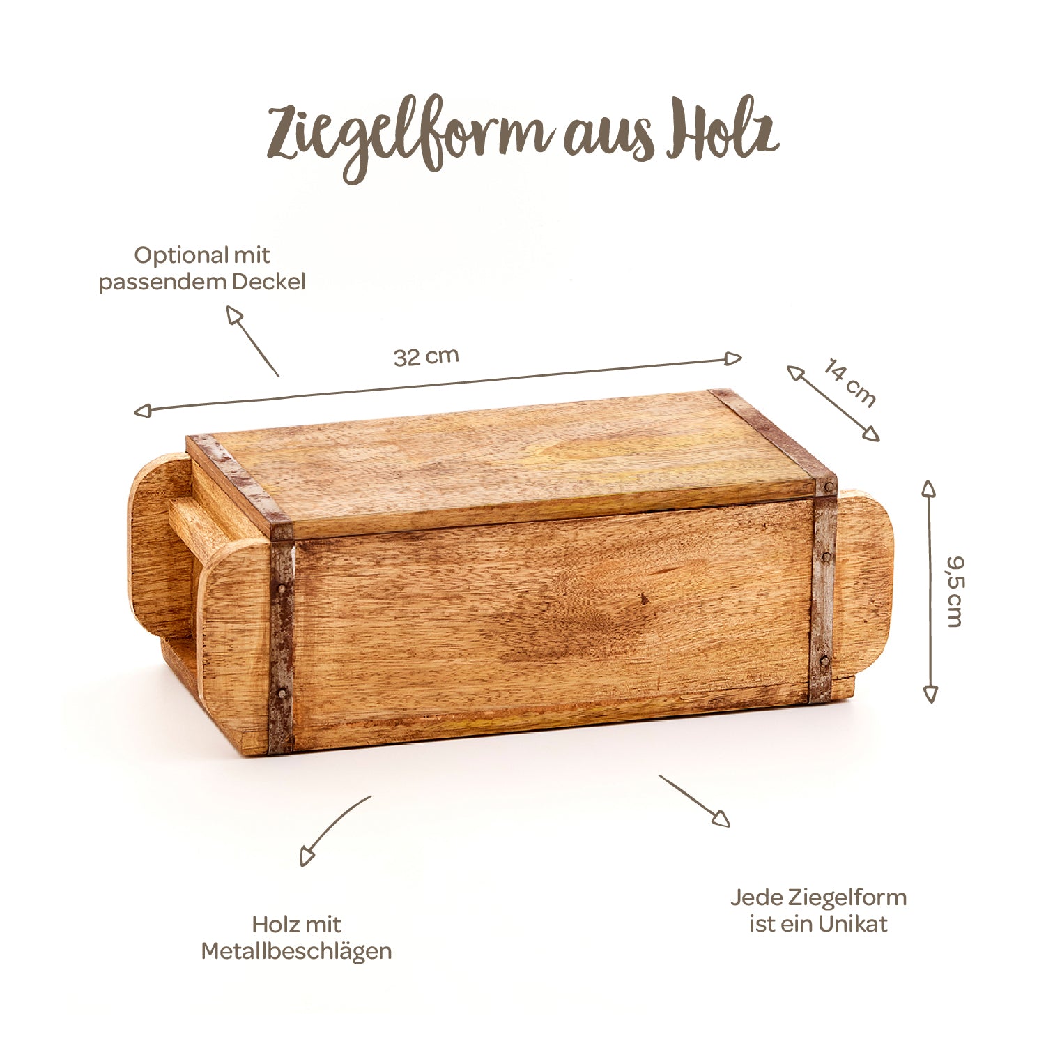 Moule à briques en bois avec ferrures métalliques, couvercle en option, dimensions 32 x 14 x 9,5 cm, chaque moule est unique.