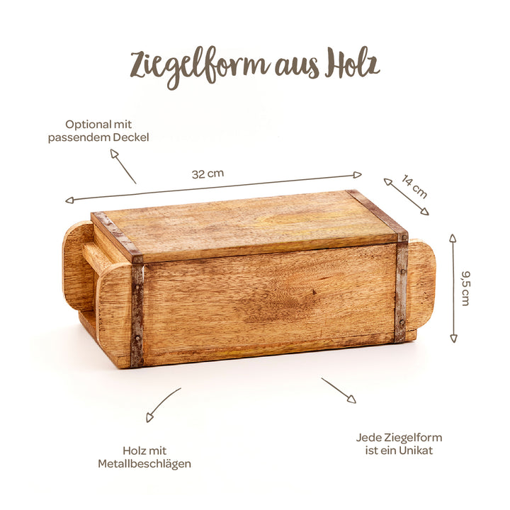 Moule à briques en bois avec ferrures métalliques, couvercle en option, dimensions 32 x 14 x 9,5 cm, chaque moule est unique.
