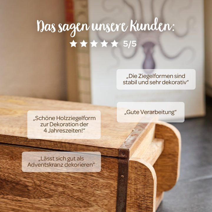 Moule à briques en bois avec avis clients, y compris des déclarations telles que « robuste et très décoratif », « joli moule à briques en bois pour la décoration », « bonne finition » et des notes de 5 étoiles.