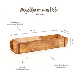 Moule à briques en bois à deux compartiments, ferrures métalliques et couvercle assorti en option, dimensions 58 x 14 x 10 cm, chaque pièce est unique.
