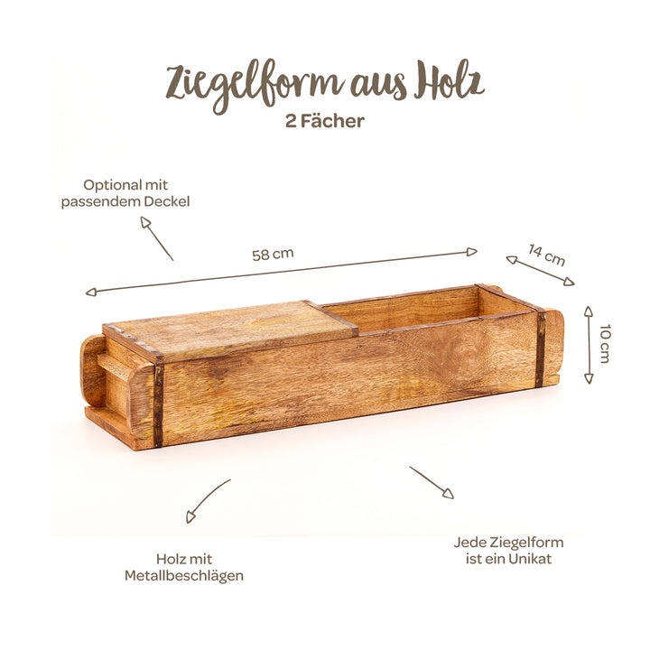 Moule à briques en bois à deux compartiments, ferrures métalliques et couvercle assorti en option, dimensions 58 x 14 x 10 cm, chaque pièce est unique.