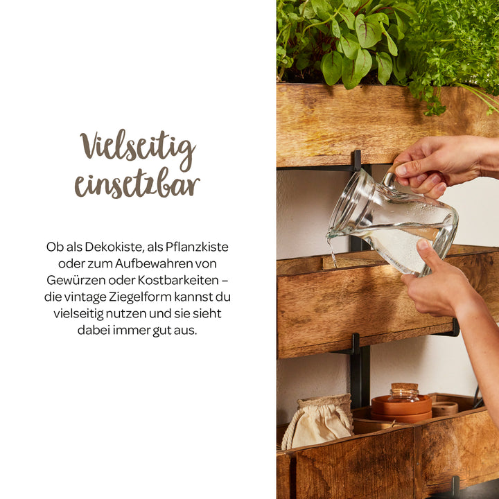 Mains arrosant des plantes dans une jardinière en bois sur un mur avec une carafe à eau, à côté d'un texte sur l'utilisation polyvalente de la boîte.