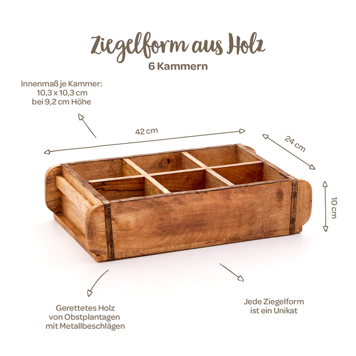 Moule à briques en bois à 6 chambres, dimensions 42 x 24 x 10 cm, fabriqué à partir de bois de récupération avec ferrures métalliques, chaque moule est unique.