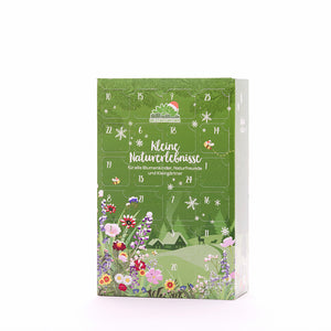 Calendrier de l'Avent vert avec des illustrations de fleurs et le texte « Little Nature Experiences » sur le devant.