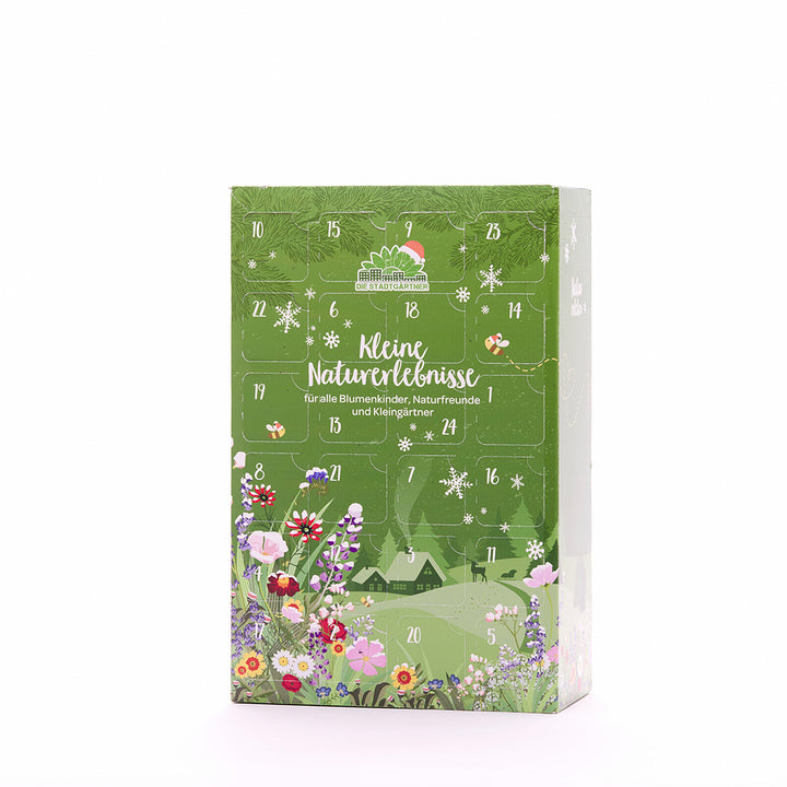Calendrier de l'Avent vert avec des illustrations de fleurs et le texte « Little Nature Experiences » sur le devant.