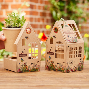 Deux maisons décoratives en carton avec des motifs de fleurs et d'insectes, l'une avec un pot de fleurs contenant des semis verts, toutes deux posées sur une table en bois dans le jardin.
