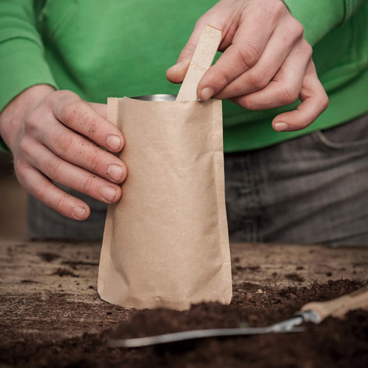 Deux mains tiennent un sac en papier brun, tandis qu'une main y insère un bâton en bois ; au premier plan, de la terre et un outil de jardinage reposent sur une table en bois.