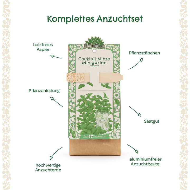 Kit de culture complet pour menthe cocktail avec instructions, tuteurs, graines, terreau de haute qualité et un sac de culture sans aluminium, sur papier sans bois.