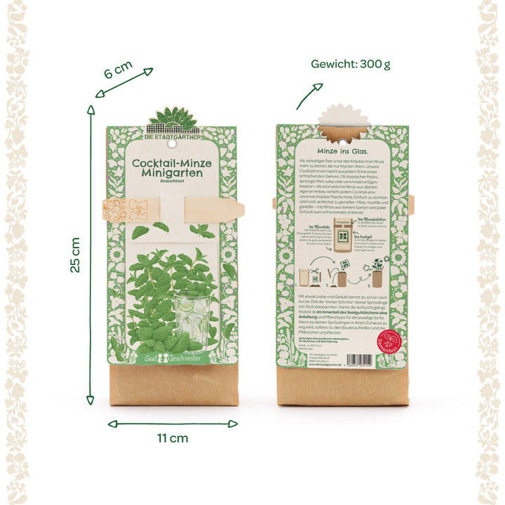 Deux paquets verts et blancs d'un mini-kit de culture de jardin de menthe cocktail avec illustration de plante, texte et dimensions ; avant gauche, arrière droite.