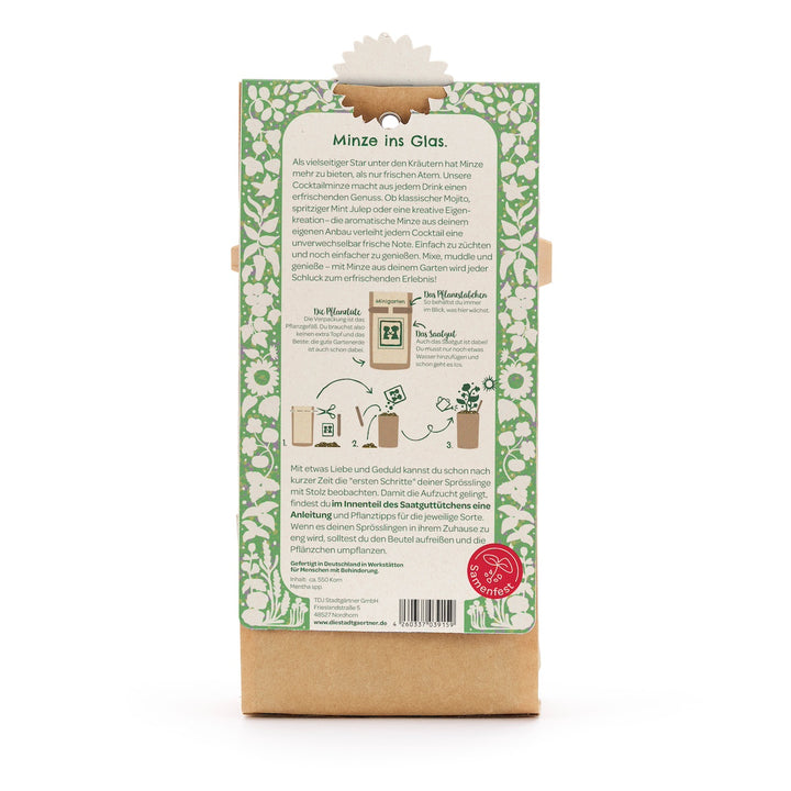 Dos d'un emballage avec des instructions pour faire pousser de la menthe dans un bocal en verre, entouré d'un motif floral vert et blanc.