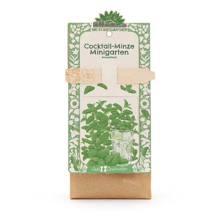 Kit de culture pour mini jardin de menthe cocktail dans un emballage vert avec illustration de feuilles de menthe et un verre.