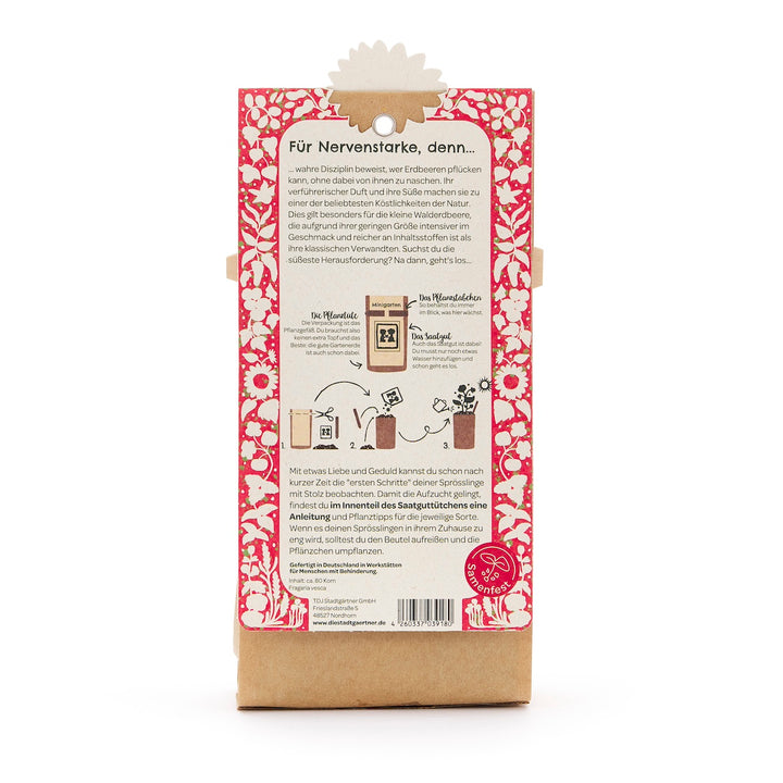 Dos d'un emballage avec un motif floral rouge, une description en texte allemand et des instructions pour planter des fraises.