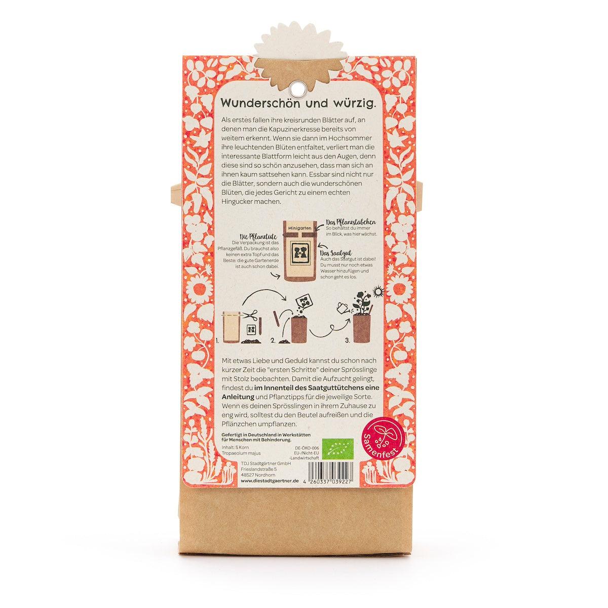 Dos d'un sachet de graines avec description en allemand, illustrations de semis et un motif floral orange et blanc.