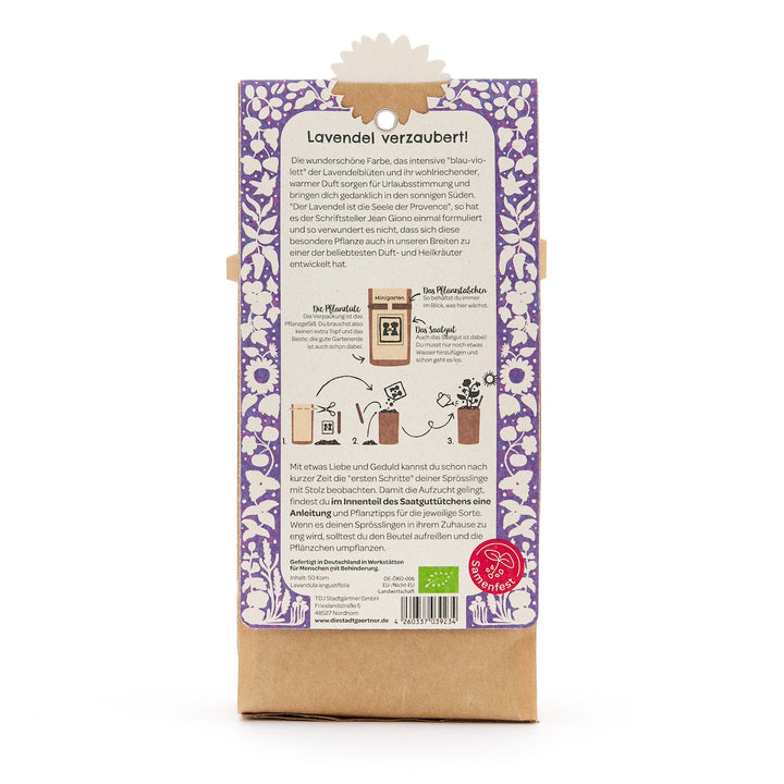 Dos d'un emballage avec un motif floral violet et des instructions pour planter de la lavande, y compris des descriptions et des illustrations de chaque étape.