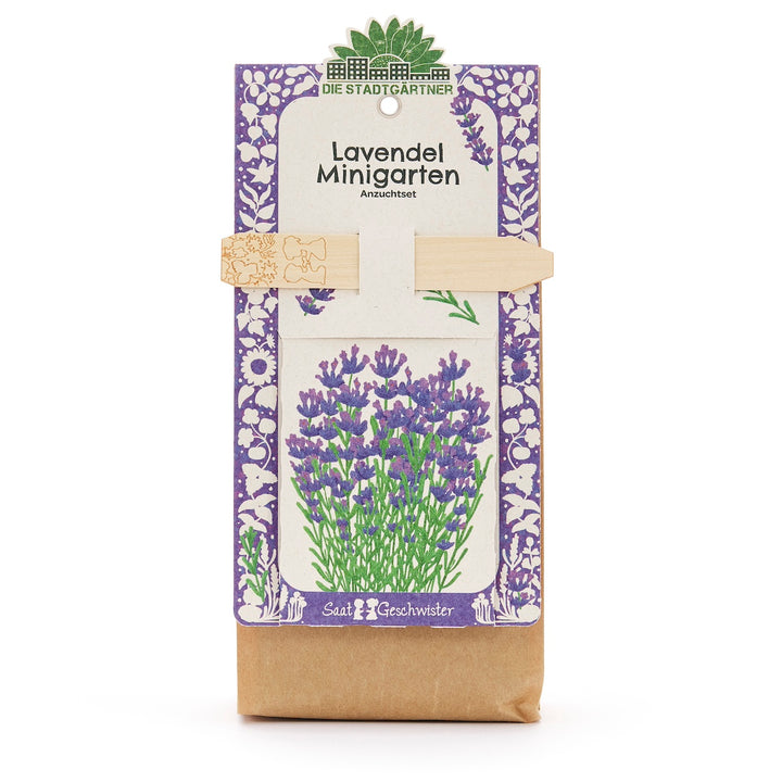 Kit de culture de mini jardin de lavande avec illustration de lavande violette et emballage décoratif.