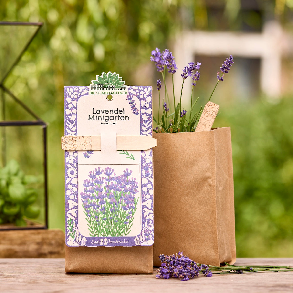 Kit de culture pour un mini jardin de lavande dans un sac en papier brun, avec des branches de lavande en fleurs en arrière-plan.