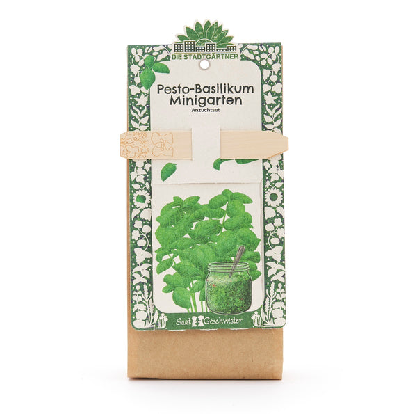 Kit de culture « Mini Jardin Pesto-Basilic » de Die Stadtgärtner, emballage avec une illustration de basilic et un pot de pesto.