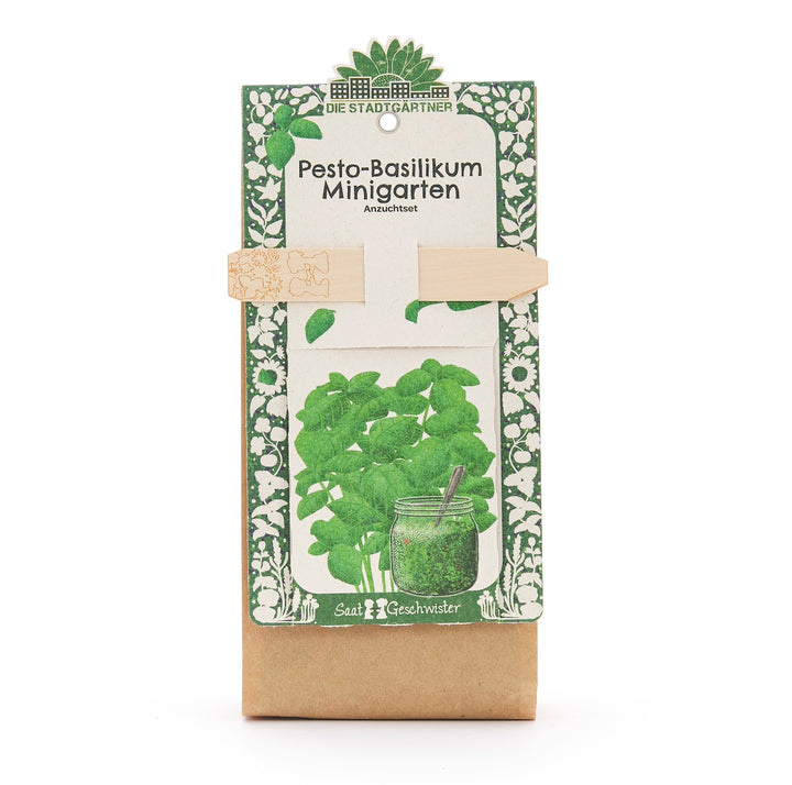 Kit de culture « Mini Jardin Pesto-Basilic » de Die Stadtgärtner, emballage avec une illustration de basilic et un pot de pesto.