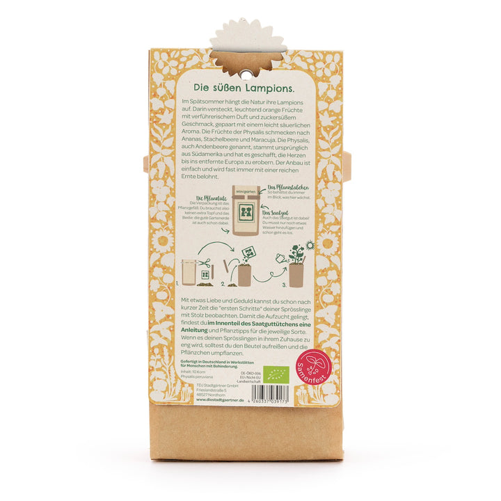 Dos d'un sachet de graines avec un motif floral jaune et des instructions en allemand pour planter des Physalis, y compris des illustrations des différentes étapes.