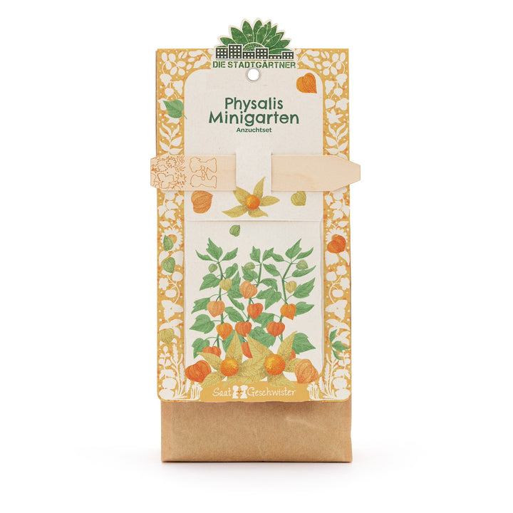 Illustration d'un mini kit de culture de jardin Physalis de Die Stadtgärtner avec une plante Physalis illustrée sur l'emballage.