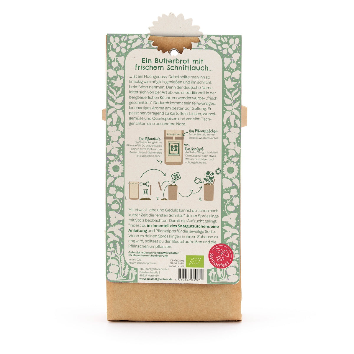 Dos d'un sac en papier brun avec une étiquette verte et blanche ; instructions et texte pour semer la ciboulette, avec des illustrations et une description en allemand.