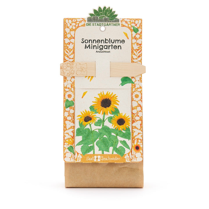 Kit de culture de mini jardin de tournesols avec des tournesols illustrés sur l'emballage.