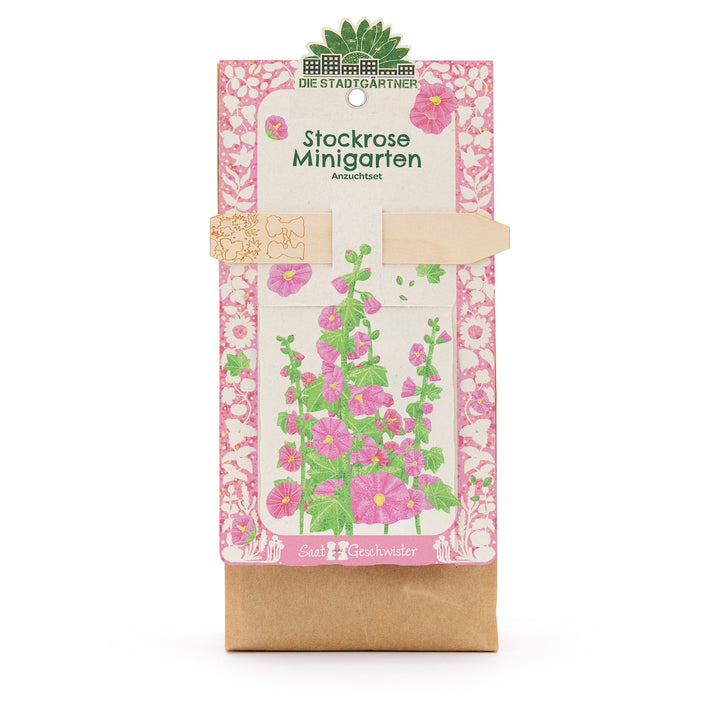 Kit de culture de mini-jardin de roses trémières avec illustration de fleurs colorées sur l'emballage.