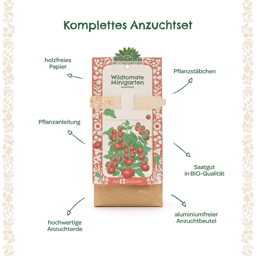 Illustration d'un kit de culture complet pour tomates sauvages avec instructions de plantation, tuteurs de plantation, terreau de haute qualité, graines biologiques, papier sans bois et sac sans aluminium.