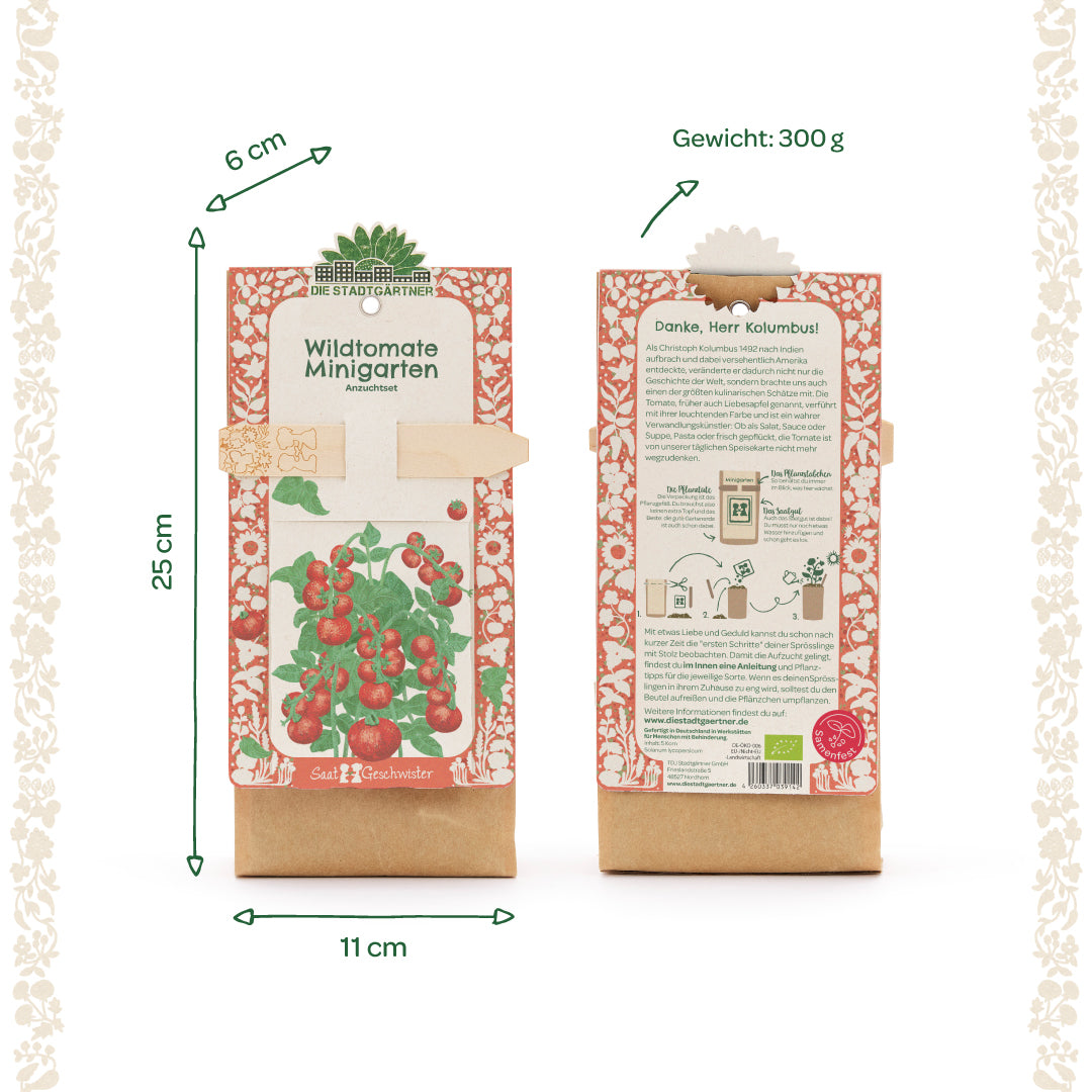 Deux paquets d'un mini kit de culture de tomates sauvages avec un design rouge et blanc, une illustration de plants de tomates sur le devant et des informations textuelles au dos ; les dimensions et le poids sont indiqués.