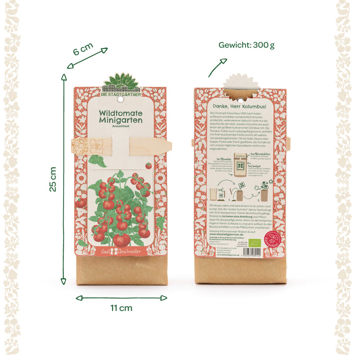 Deux paquets d'un mini kit de culture de tomates sauvages avec un design rouge et blanc, une illustration de plants de tomates sur le devant et des informations textuelles au dos ; les dimensions et le poids sont indiqués.