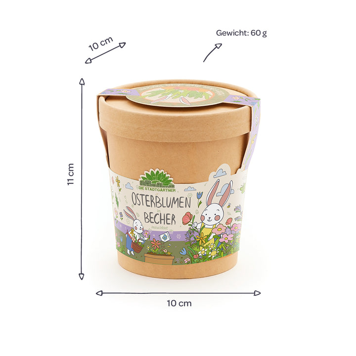 Mug marron avec couvercle, motif de lapin de Pâques coloré et inscription « Easter Flowers Mug », à côté sont indiquées les dimensions (10 cm de diamètre, 11 cm de hauteur) et le poids (60 g).