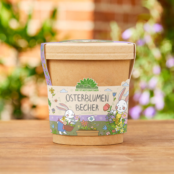 Tasse marron avec une banderole colorée représentant « Fleurs de Pâques dans une tasse » et deux lapins de Pâques dessinés avec des fleurs, debout sur une surface en bois dans le jardin.