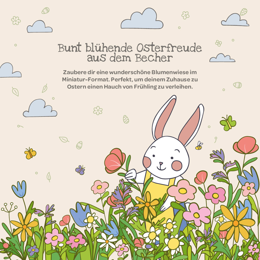 Illustration d'un lapin blanc dans une prairie colorée avec des fleurs printanières, des papillons et des nuages ; en haut se trouve un texte allemand sur la joie de Pâques et la décoration florale.