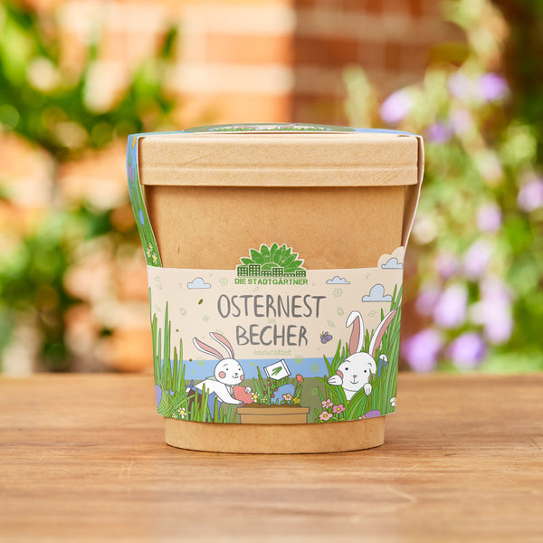 Gobelet en papier avec motif de Pâques et inscription « Nid de Pâques dans une tasse » sur une table en bois, avec des plantes floues en arrière-plan.