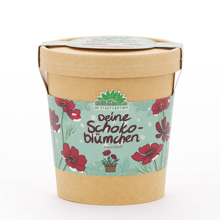 Gobelet en papier avec une banderole représentant « Votre kit de culture de fleurs en chocolat » et des fleurs rouges.