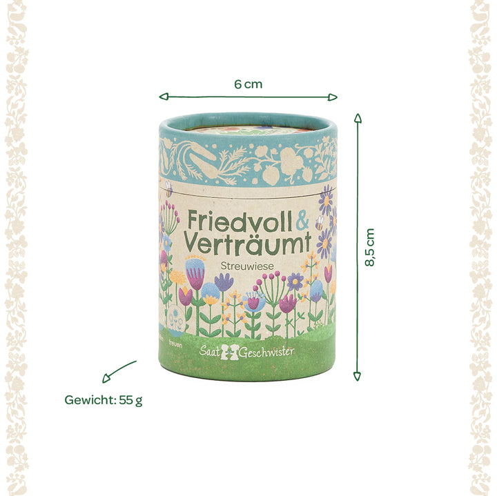 Boîte ronde de Saatgeschwister "Peaceful & Dreamy" avec illustration de fleurs, dimensions 6 cm de diamètre et 8,5 cm de hauteur, poids 55 g.