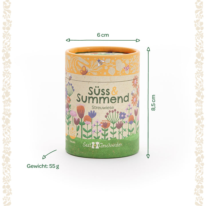 Boîte ronde avec motif floral et inscription « Sweet & Buzzing Meadow », dimensions 6 cm de diamètre, 8,5 cm de hauteur, poids 55 g.