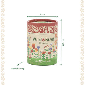Boîte ronde avec l'inscription "Wild & Bunt Streuwiese", décorée de fleurs colorées, dimensions 6 cm de diamètre et 8,5 cm de hauteur, poids 55 g.