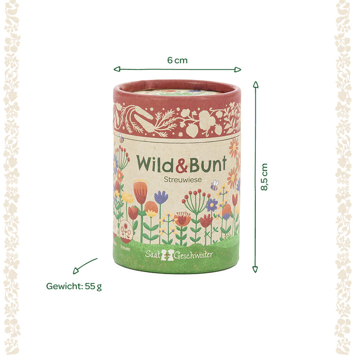 Boîte ronde avec l'inscription "Wild & Bunt Streuwiese", décorée de fleurs colorées, dimensions 6 cm de diamètre et 8,5 cm de hauteur, poids 55 g.