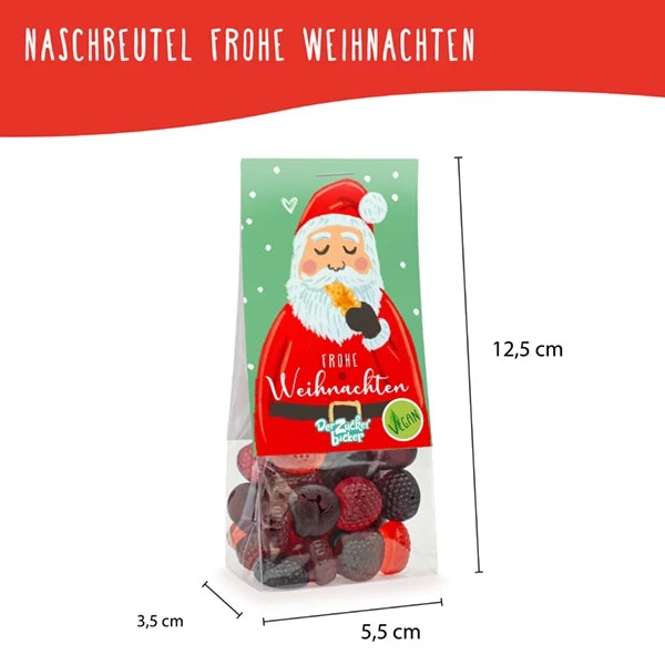 Emballage de bonbons de Noël avec motif Père Noël et dimensions 12,5 cm x 5,5 cm x 3,5 cm.